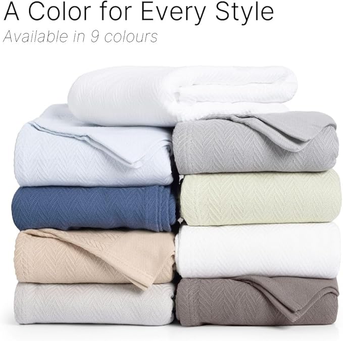 Queen Size Multipurpose Blanket, 100% Extra Long Staple Cotton, Soft & Breathable Herringbone Weave, Beige, Lightweight, Machine Washable, All-Season Throw Blanket for Bedroom & Travel