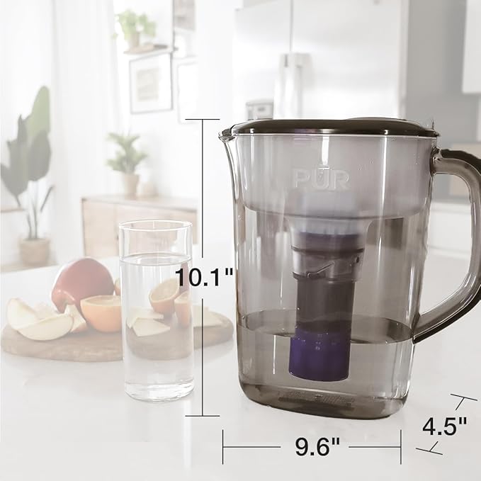 PUR Plus 7-Cup Water Pitcher, 1 Lead-Reducing Filter, Cleaner, Great-tasting Water, Dishwasher Safe, Powerful Filtration, Filter Change Light Indicator, LockFit Cap Design - Smoke