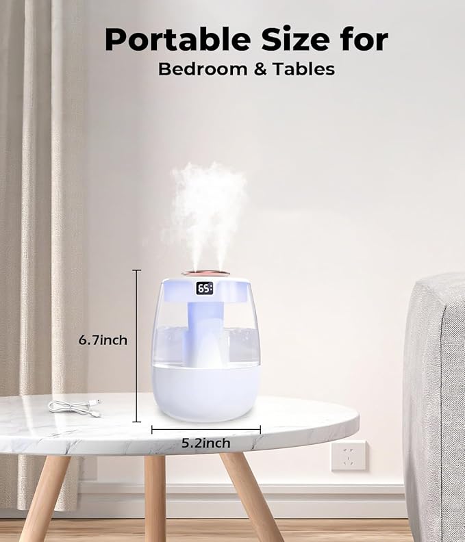 VENTISOL Small Humidifier for Bedroom, 1.3L Portable Cool Mist Humidifie with Light and 10/20 H Timer Sprays, Mini Personal Desk Air Humidifier with USB Cable, for Small Room, Plants