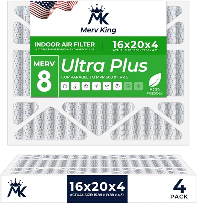 MervKing 16x20x4 Air Filter Actual Size: 15.88" x 19.88" x 4.31" MERV 8 MPR 600-700 | MADE IN USA | 4-Pack | Pleated HVAC AC Furnace Replacement