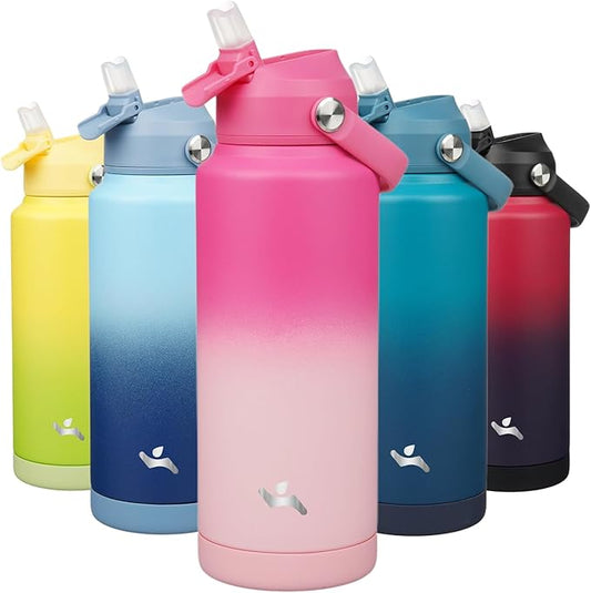 Insulated Water Bottle with Straw Lid,32 oz Stainless Steel Vacuum Metal Bottle with Silicone Handle,Cherry Blossom-FlexoryFit