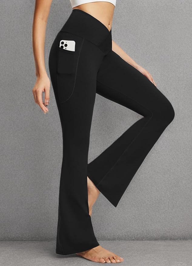 baleaf Women's V Crossover Flare Leggings with Pockets Yoga Pants High Waist Casual Workout Gym Bell Bottom Leggings-FlexoryFit