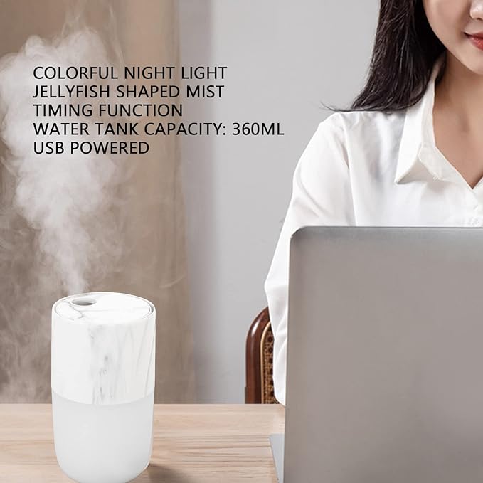 Portable Mist Humidifier, 300ml Capacity Personal Air Humidifier with Timing Function, Jellyfish Shaped Spray Mist, Mobile Using Office Humidifier with Colorful Night Light for Cars,(Marble Color)