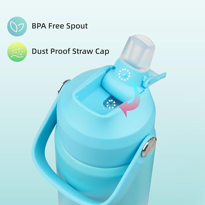 Insulated Water Bottle with Straw Lid,32 oz Stainless Steel Vacuum Metal Bottle with Silicone Handle,Sea Salt-FlexoryFit