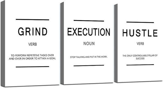 Framed Canvas Wall Art Success Quote - Office Wall Art, White Large Poster, Positive Motivational Set of 3 Prints, Execute Grand Hustle Poster, Inspirational Print (C-3pcs,20x30inchx3pcs)-FlexoryFit