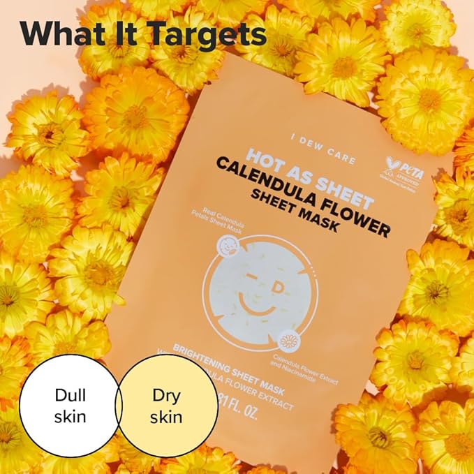 I DEW CARE Real Herb Calendula Sheet Face Mask - Hot As Sheet | Korean Face Masks Skincare, Moisturizing and Calming for Dry Skin with Calendula Flower Extract, 2% Niacinamide, 10EA-FlexoryFit