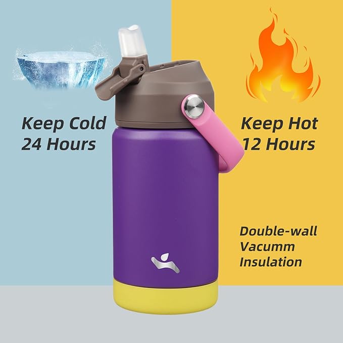 Insulated Water Bottle with Straw Lid,12 oz Stainless Steel Vacuum Metal Bottle with Silicone Handle,Violets-FlexoryFit