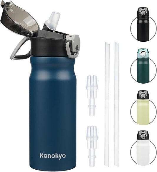 Insulated Water Bottle with Straw and Carry Loop,18 oz Stainless Steel Double Wall Vaccum Metal Water Flask with Leak-proof Lid,Navy blue-FlexoryFit