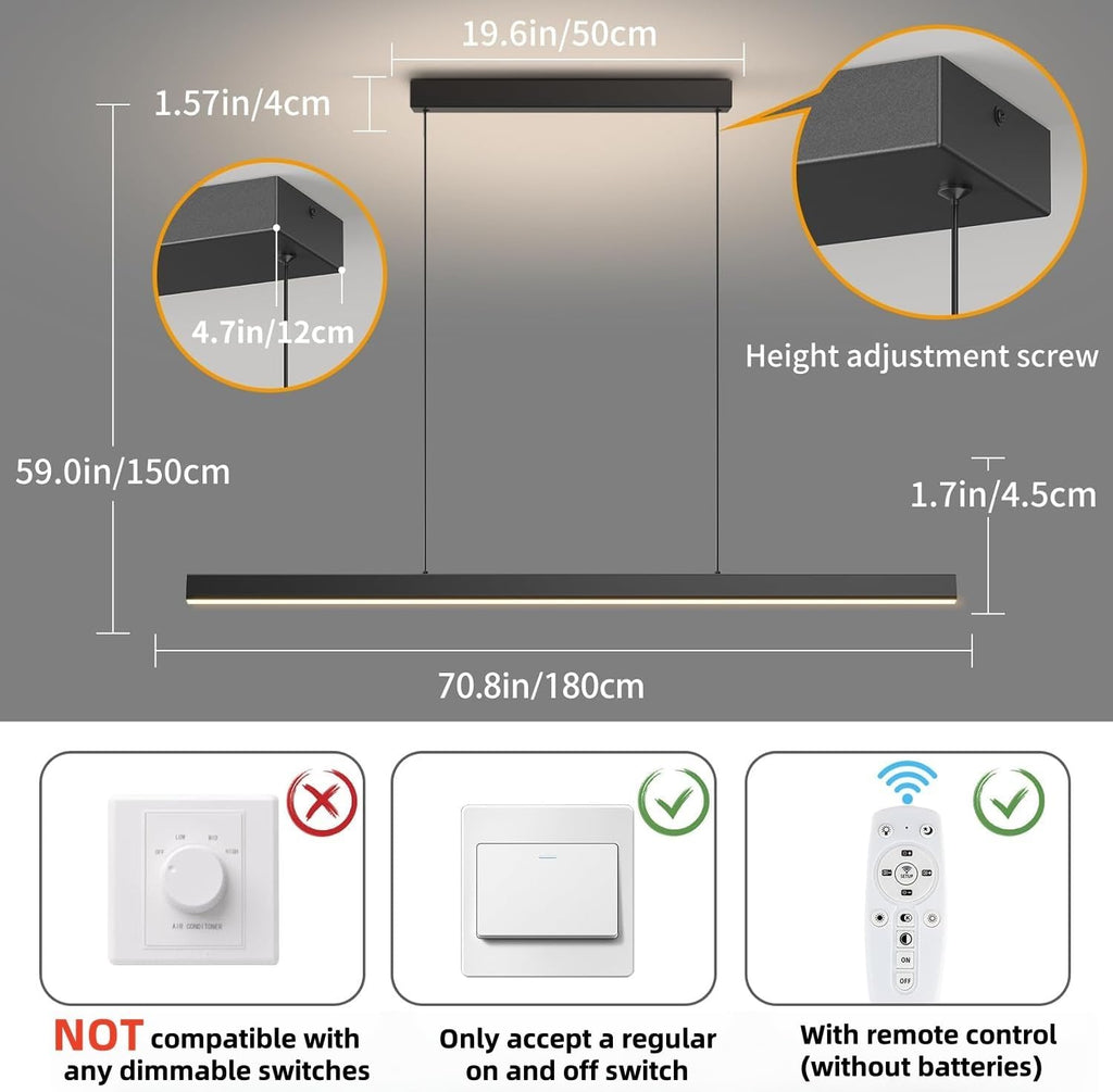 Modern Ceiling Pendant Lights,71in LED Black Linear Chandelier with Remote Control 3000k-6000K Adjustable Color Temperature,Island Lighting Hanging Light for Kitchen,Dining Room,Living Room