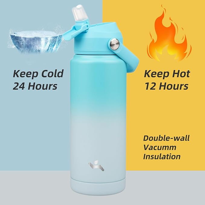 Insulated Water Bottle with Straw Lid,24 oz Stainless Steel Vacuum Metal Bottle with Silicone Handle,Sea Salt-FlexoryFit