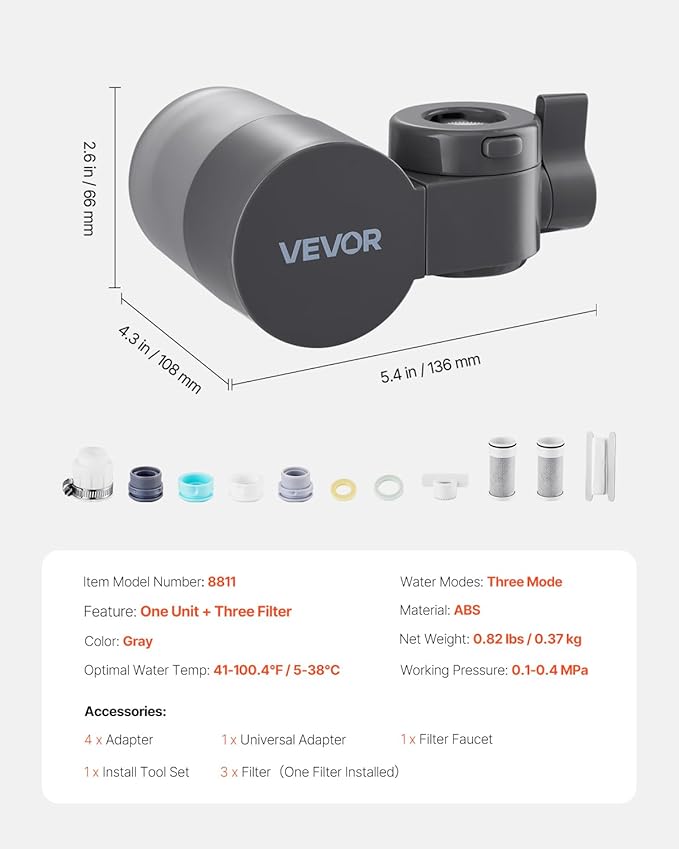 VEVOR Faucet Mount Water Filter, Horizontal Water Purifier for Sink Tap, NSF Certified Carbon Fiber Filter, Removes Chlorine Lead with 3 Filters, Fits Most Kitchen or Bathroom Faucets, Gray