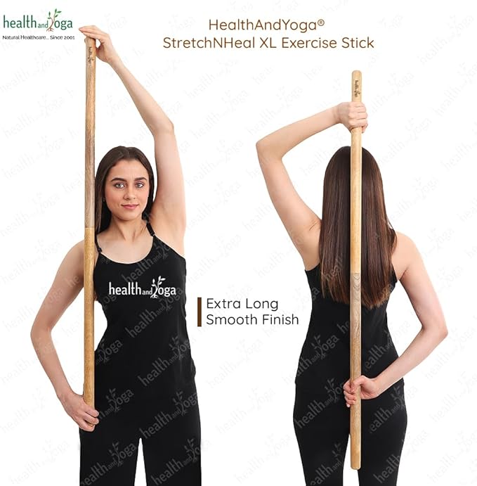 HealthAndYoga™ StretchNHeal Collapsible Multi-Use Wooden Yoga Stick - Regular and XL - Portable Posture Corrector Pole, Stretch Mobility Stick, Physical Workout Exercise Dowel-FlexoryFit