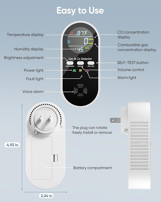 5-in-1 Carbon Monoxide Detectors, Natural Gas Leak Detector, Plug-in & Battery Backup Co Detector, HD Digital Display, CO Gas Temp Humidity Sensor, 2-Pcs, Black