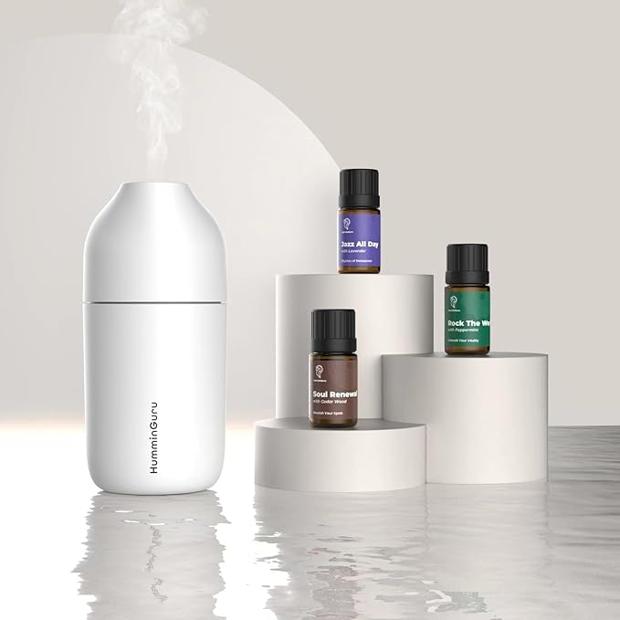 Ultrasonic Essential Oil Diffuser & Humidifier - 90ml USB-C Aromatherapy Device for Car, Home, Office with 3 Essential Oils (Lavender, Peppermint, Cedar) - 20-Min Auto Shutoff, White
