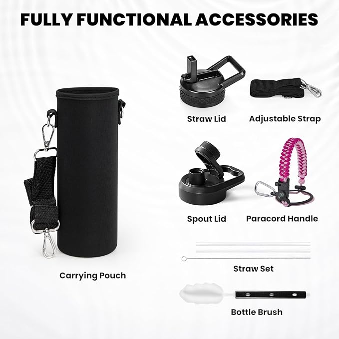 Insulated Water Bottle 24oz, Triple Wall Vacuum Stainless Steel (Cold for 48 Hrs, Hot for 24Hrs), Leak Proof & Non-BPA, 24oz Hydro Water Flask with Paracord Handle & Straw Spout Lids-FlexoryFit