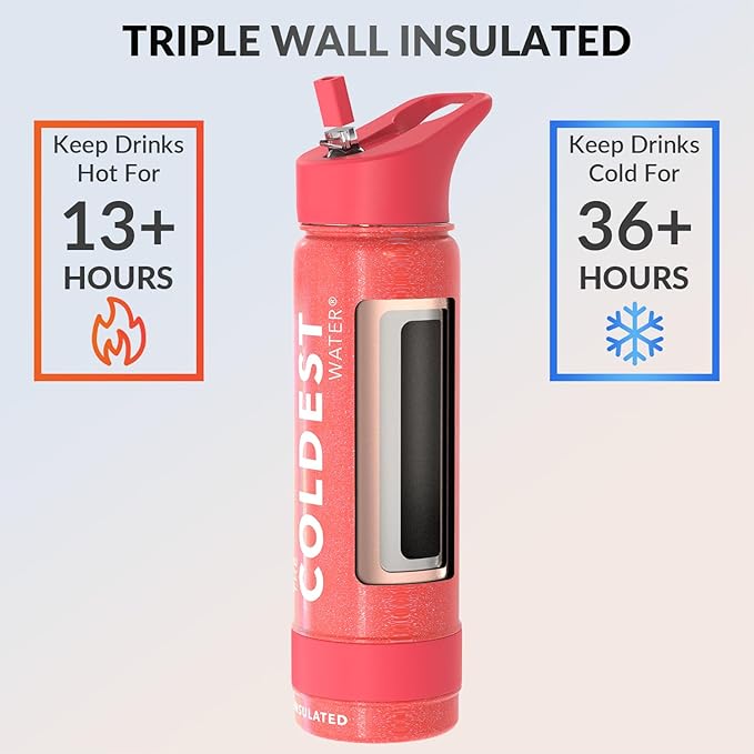 Coldest Insulated Water Bottle with Straw Lid - Stainless Steel Metal Insulated Bottle for Men & Women (Mars Red Glitter, 24 oz)