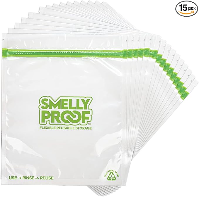 Reusable Food Storage Bags Designed & MFG by Smelly Proof, USA MADE, Dishwasher-Safe, Easy-To-Clean, PEVA & BPA FREE, Clear FLAT Large 3-mil Thick, 8.5" x 10", Quart Size Bags, 15-Bags