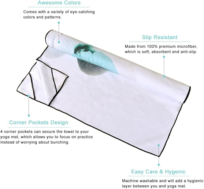 QiyI Large Yoga Mat Towel with Corner Pockets, Non Slip Sweat Absorbent Hot Yoga Towels, Soft Yoga Blankets Skidless Mat Cover for Workout, Gym, Fitness - 74"x26", Pebbles & Blue White Flowers-FlexoryFit