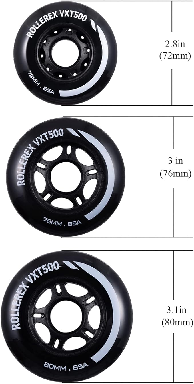 Rollerex VXT500 Inline Skate Wheels (8 Wheels w/Bearings, spacers and washers) (Various Size & Color Options Available) - for Indoor, Outdoor, Hockey - Intended for Roller Blade Wheel Replacement-FlexoryFit