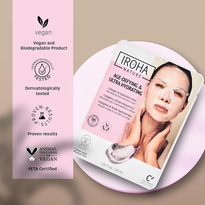 IROHA NATURE Face Masks - Packs for Better Skin (Pack of 5, Anti-Aging Face & Neck Tissue Mask with Collagen (96% Natural Ingredients))-FlexoryFit