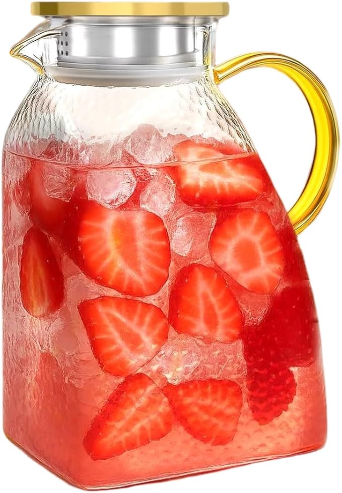 Glass Water Pitcher with Lid, High Borosilicate Heat Cold Resistant Carafe, 1.8L/63oz Capacity, Leakproof Fridge Door Carafe, Ice Tea Jug, Lemonade Pitcher For Fridge