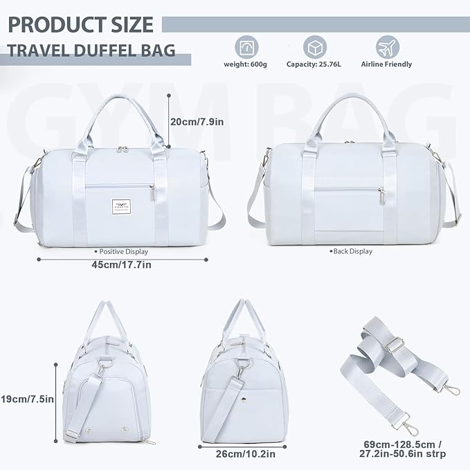 FIORETTO Womens Gym Tote Duffle Bag with Wet Pocket & Shoe Compartment, Sports Duffel Overnight Weekender Hospital Workout Carry on Bag for Girls, Ideal for Travel, Swimming, Dance, Ballet Grey