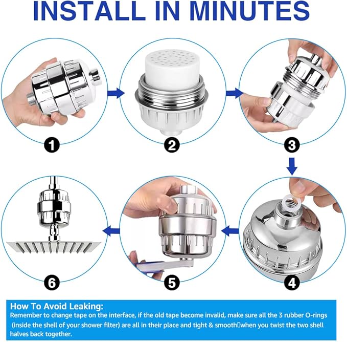 15 Stage Shower Head Filter for Hard Water - High Output Shower Water Softener with 2 Replaceable Filter Cartridges - Reduces Chlorine, Dry Skin & Itchy Scalp