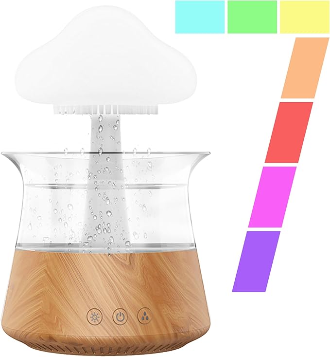 Rain Water Drop Humidifier - Mushroom Cloud Lamp Humidifier, Essential Oil Diffusers, 300ml White Noise Aromatherapy Diffusers with 7 Colors Cloud Lights for Home, Large Room, Office - Wood Grain
