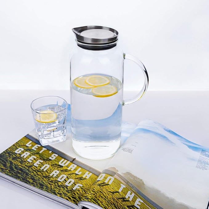 68 Ounces Glass Pitcher with Lid, Hot/Cold Water jug for Coffee, Lemonade, Iced Sun Tea,Beverage, Milk