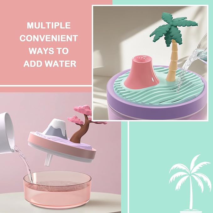 Cute Mini Humidifier 320mL Cool Mist Humidifie mute with 2 Mist Modes, for Home/Nursery/Office, Portable Mini Air Moisturizer,rechargeable mini humidifier(Coconut tree)