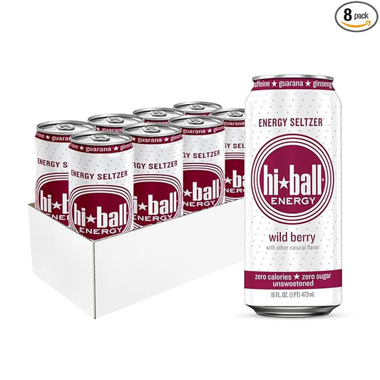 Hiball Clean Energy Drink - Wild Berry - Zero Sugar, Zero Calorie Sparkling Water with 160mg Organic Caffeine, 50mg Organic Ginseng, 50mg Organic Guarana and B Vitamins - 16 fl oz (8-Pack)-FlexoryFit