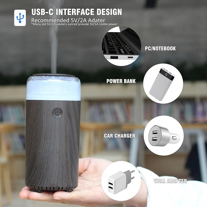 Unee Upgrade Car Diffuser,90ml USB Rechargeable Aroma Essential Oil Aromatherapy Humidifier Diffuser(Built-in Battery Dark Grey Wood Grain)