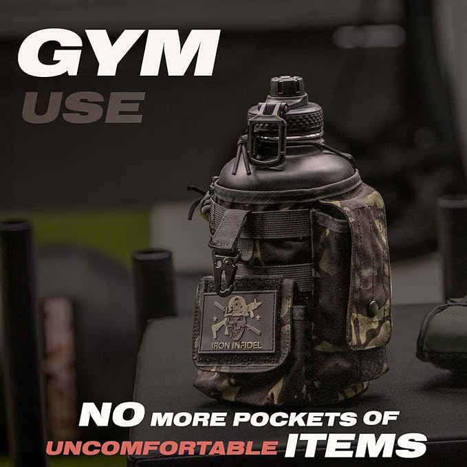 Iron Infidel Battle Bottle - Half Gallon Insulated Water Bottle with Paracord Handle - Large 64 oz Stainless Steel Water Jug & Rugged, Removable Sleeve For Keys, Wallet, Phone (Black Camo 2 Liter)-FlexoryFit