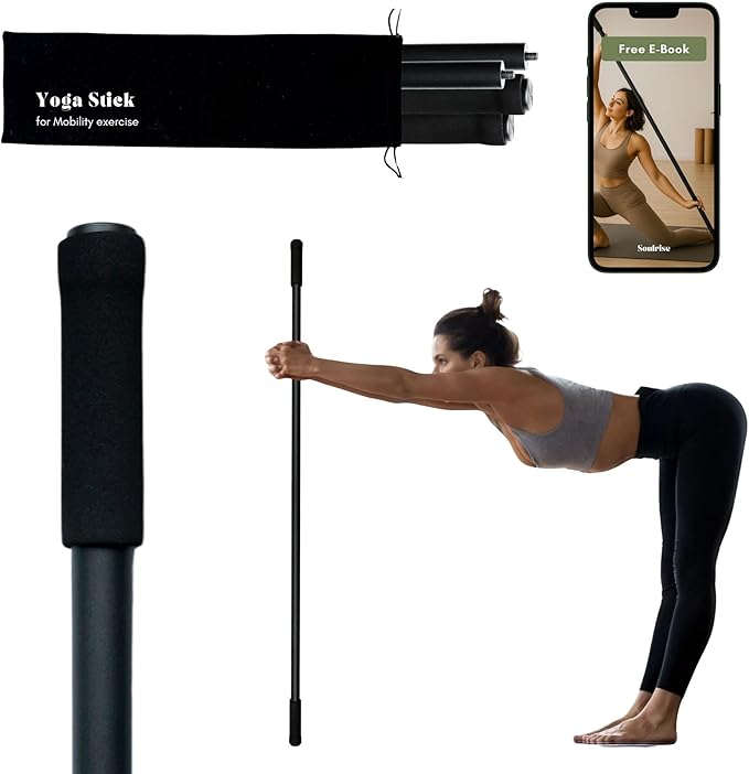 Yoga Stick for Mobility Exercise, Stretching, Pilates, Physical therapy, Fitness and other Workout - Adjustable 5 ft Pole will fix Posture, Stretch, Balance and Flexibility Training - Incl free E-book-FlexoryFit