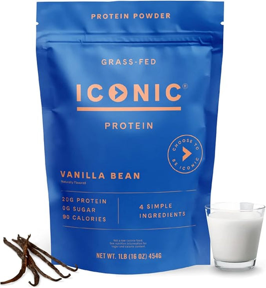 ICONIC Protein Powder, Vanilla Bean - Sugar Free, Low Carb Protein Powder - Lactose Free, Gluten Free, Non-GMO - 20g Grass Fed Whey & Casein Protein - Keto Friendly, 1 lb Pouch (18 Servings)-FlexoryFit