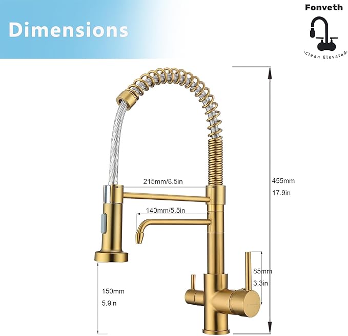 3 Way Kitchen Faucet, Drinking Water Faucet, Filter Kitchen Faucet for Water Filtration System, 3 in 1 Commercial Style Pull-Down 2 Handles, Brushed Gold