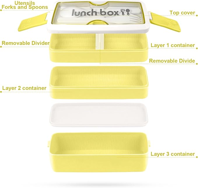 Iteryn Bento Box Lunch Box, 3 Layers Stackable Lunch Containers with Compartments-Leakproof Eco-Friendly Meal Prep Containers-FlexoryFit