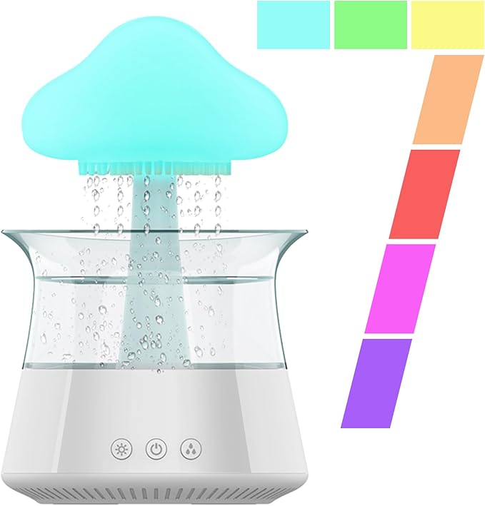 Rain Cloud Humidifier Water Drip - Mushroom Aroma Diffuser, Essential Oil Diffusers, 300ml White Noise Aromatherapy Diffusers with 7 Colors Cloud Lights for Home, Large Room, Office - White