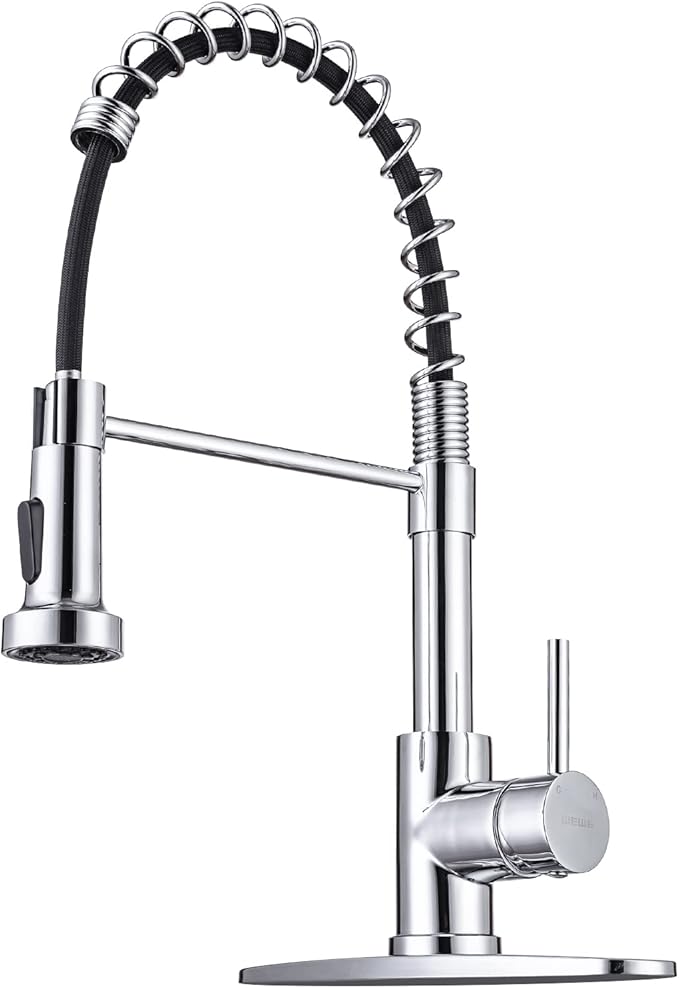WEWE Chrome Kitchen Faucet, Faucet for Kitchen Sink with Pull Down Sprayer Kitchen Faucet with Deck Plate Stainless Steel Single Handle Spring for Farmhouse Utility Bar Laundry Sinks