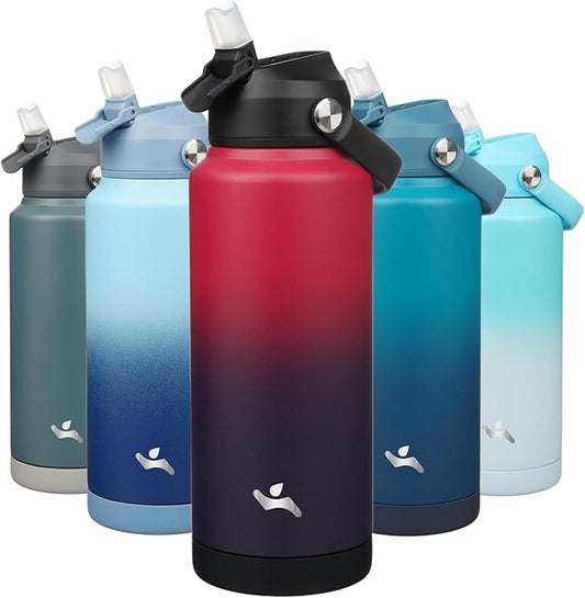 Insulated Water Bottle with Straw Lid,32 oz Stainless Steel Vacuum Metal Bottle with Silicone Handle,Rosy Red-FlexoryFit