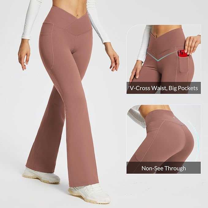 baleaf Women's V Crossover Flare Leggings with Pockets Yoga Pants High Waist Casual Workout Gym Bell Bottom Leggings-FlexoryFit