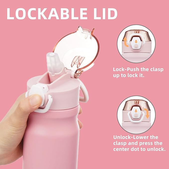 Insulated Water Bottle with Straw and Carry Loop,18 oz Stainless Steel Double Wall Vaccum Metal Water Flask with Leak-proof Lid,Pink-FlexoryFit
