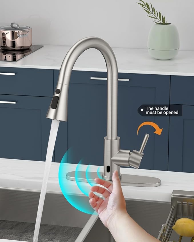 APPASO Touchless Kitchen Faucet, Brushed Nickel Stainless Steel Motion Sensor Sink Faucets with Soap Dispenser and Pull Down ABS Sprayer 3 Modes, Activated Hands Free Faucet for Sink