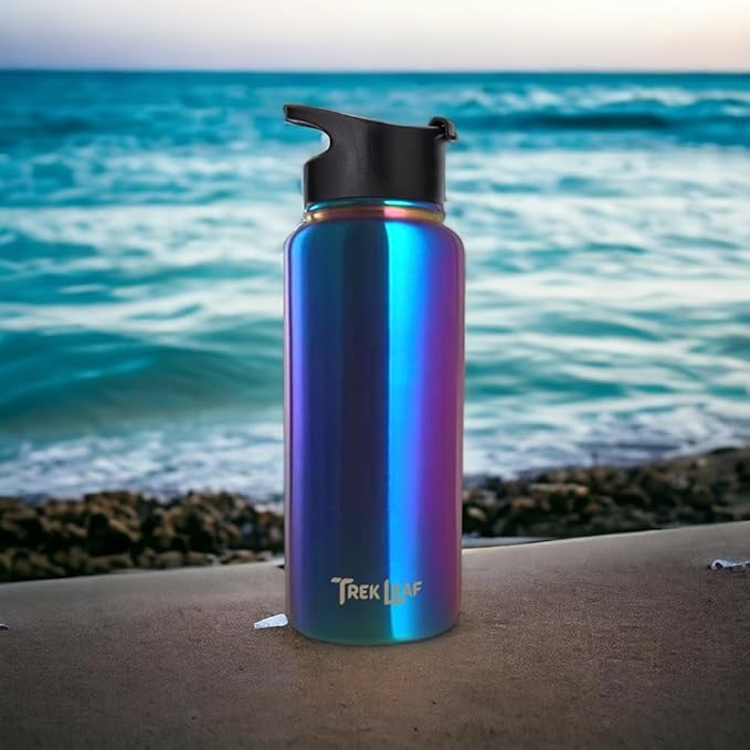 Travel Water Bottle with Carrying Bag, 3 Lids (Spout, Straw, Handle), and Bottle Brush; Leak Proof, Quality, Vacuum Insulated, Stainless Steel (Twilight, 64 oz)