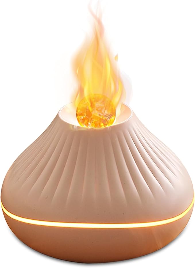 Colorful Fire Flame Diffuser: Ultra-Quiet 160ml Volcano Humidifier Aromatherapy Essential Oil Cool Mist Diffusers with 7 Flame Colors Timeable for Bedroom, Office (White)
