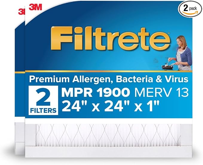 Filtrete 24x24x1 AC Furnace Air Filter, MERV 13, MPR 1900, Premium Allergen, Bacteria & Virus Filter, 3-Month Pleated 1-Inch Electrostatic Air Cleaning Filter, 2-Pack (Actual Size 23.81x23.81x0.78 in)