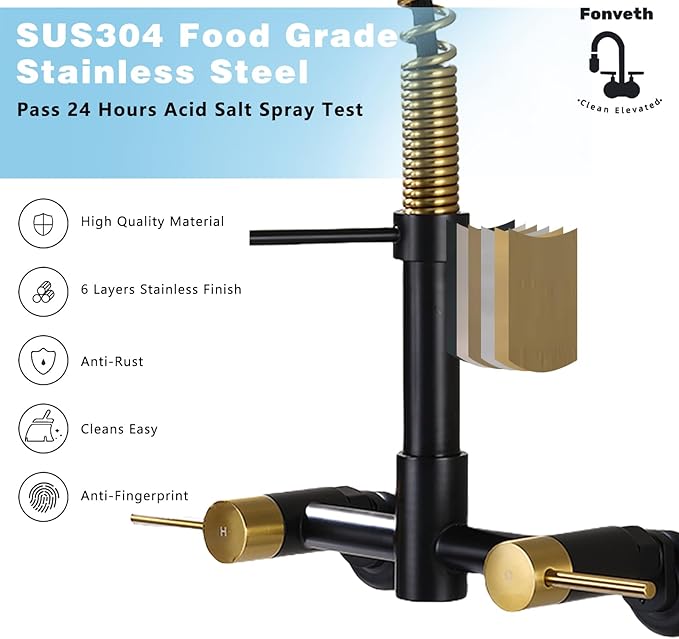 Wall Mount Kitchen Faucet, 8 Inch Center Wall Mount Kitchen Sink Faucet with Pull Down Sprayer with Sprayer Commercial, Black and Gold
