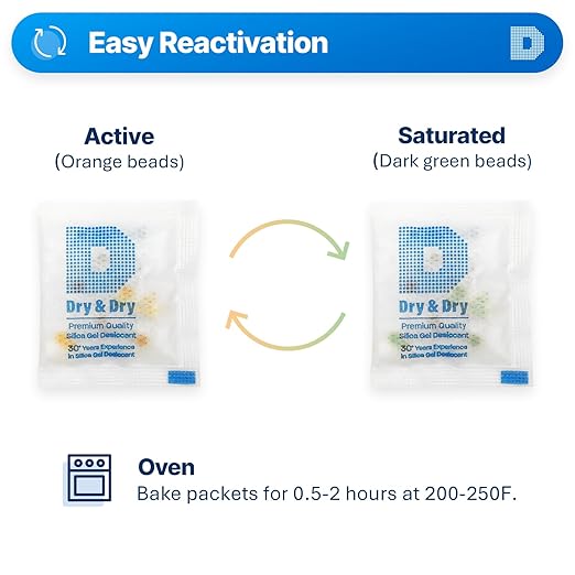 Dry & Dry 3 Gram [50 Packets] Orange Indicating Silica Gel Packets Desiccants - Food Safe Silica Packs, Silica Gel, Silica Packets, Desiccant Packs for Food Storage