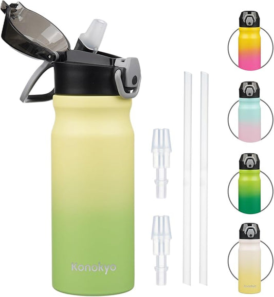 Insulated Water Bottle with Straw and Carry Loop,18 oz Stainless Steel Double Wall Vaccum Metal Water Flask with Leak-proof Lid,Lime-FlexoryFit