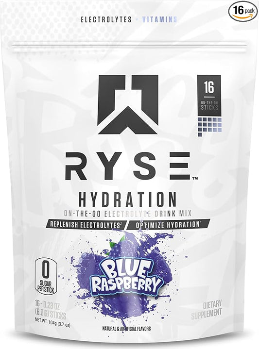 RYSE Hydration Electrolyte Powder Drink Mix Packets - Blue Raspberry - Sugar-Free Full Spectrum Electrolytes with Essential Vitamins, Taurine and Choline for Rehydration - 16 Serving Sticks